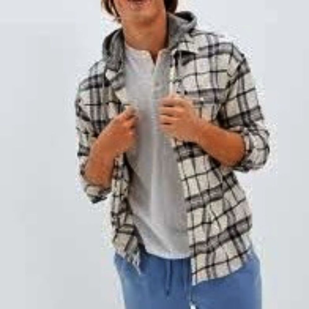 American Eagle Plaid Button Up Shirt with Removable Hoodie Sz L Super Soft